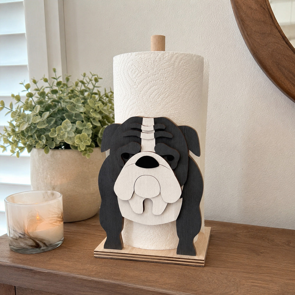 English Bulldog Wooden Dog Paper Towel Holder displayed on a kitchen countertop with a freestanding paper towel roll