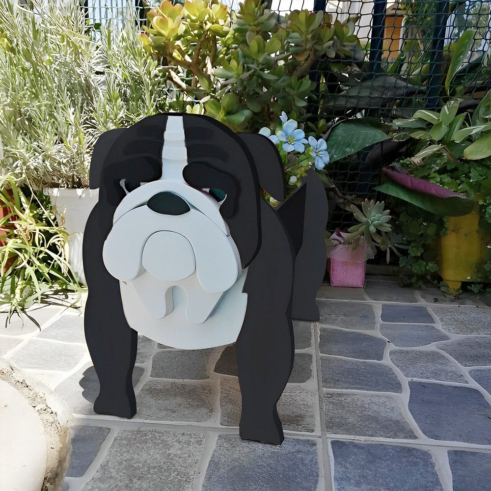 English Bulldog planter filled with fresh flowers is placed in the garden
