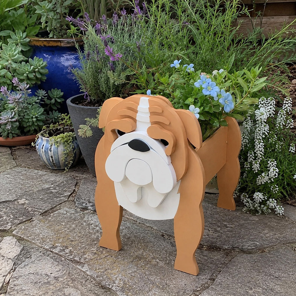 English Bulldog planter filled with fresh flowers is placed in the garden
