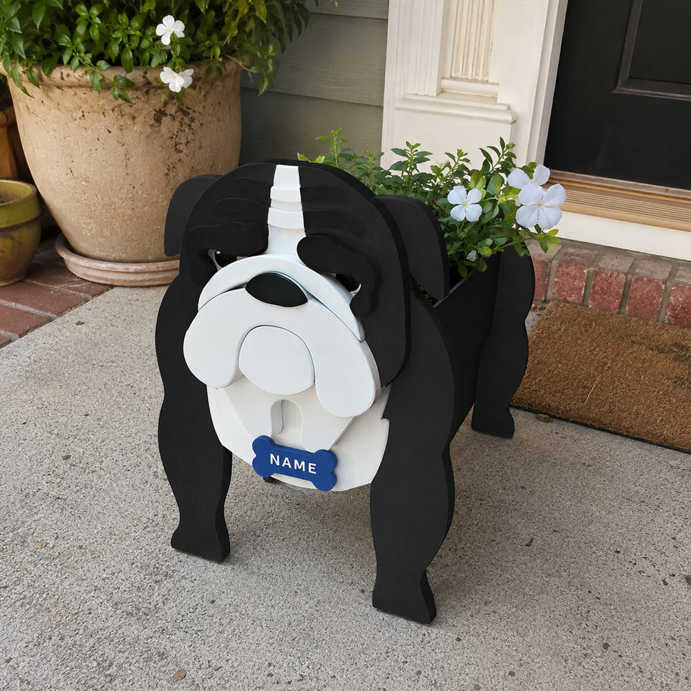 English Bulldog planter filled with fresh flowers is placed in the garden