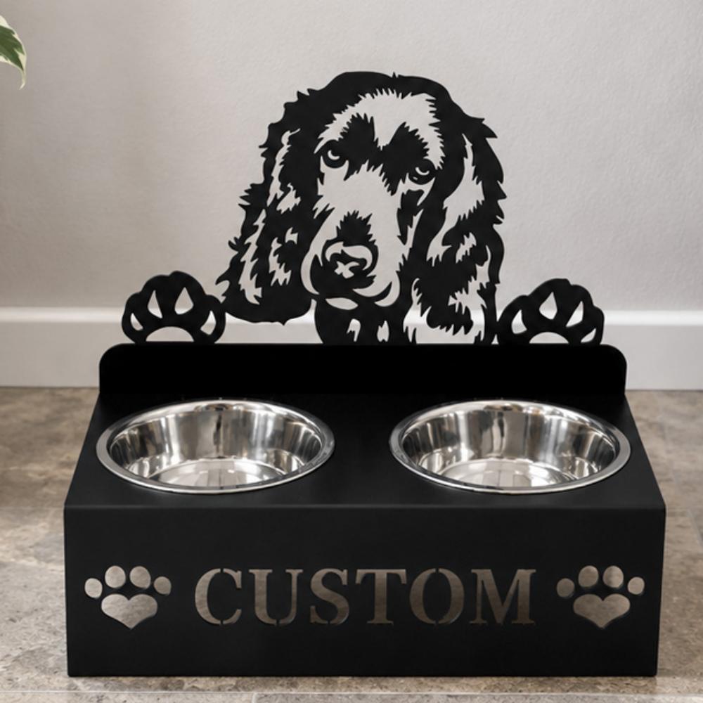 Personalized english cocker spaniel metal dog bowl stand with custom name cutout and two removable feeding bowls