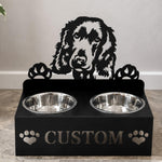 Personalized english cocker spaniel metal dog bowl stand with custom name cutout and two removable feeding bowls