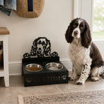 Personalized english cocker spaniel metal dog bowl stand with custom name cutout and two removable feeding bowls
