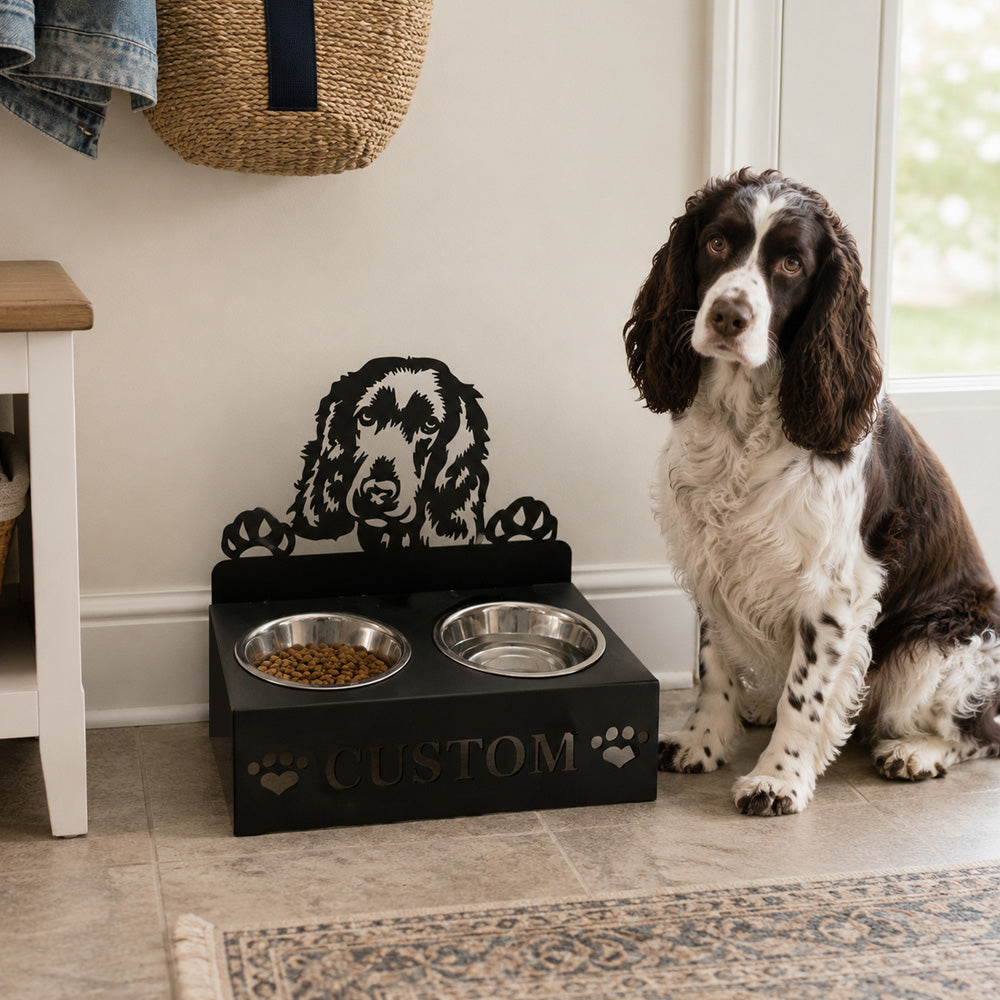 Personalized english cocker spaniel metal dog bowl stand with custom name cutout and two removable feeding bowls