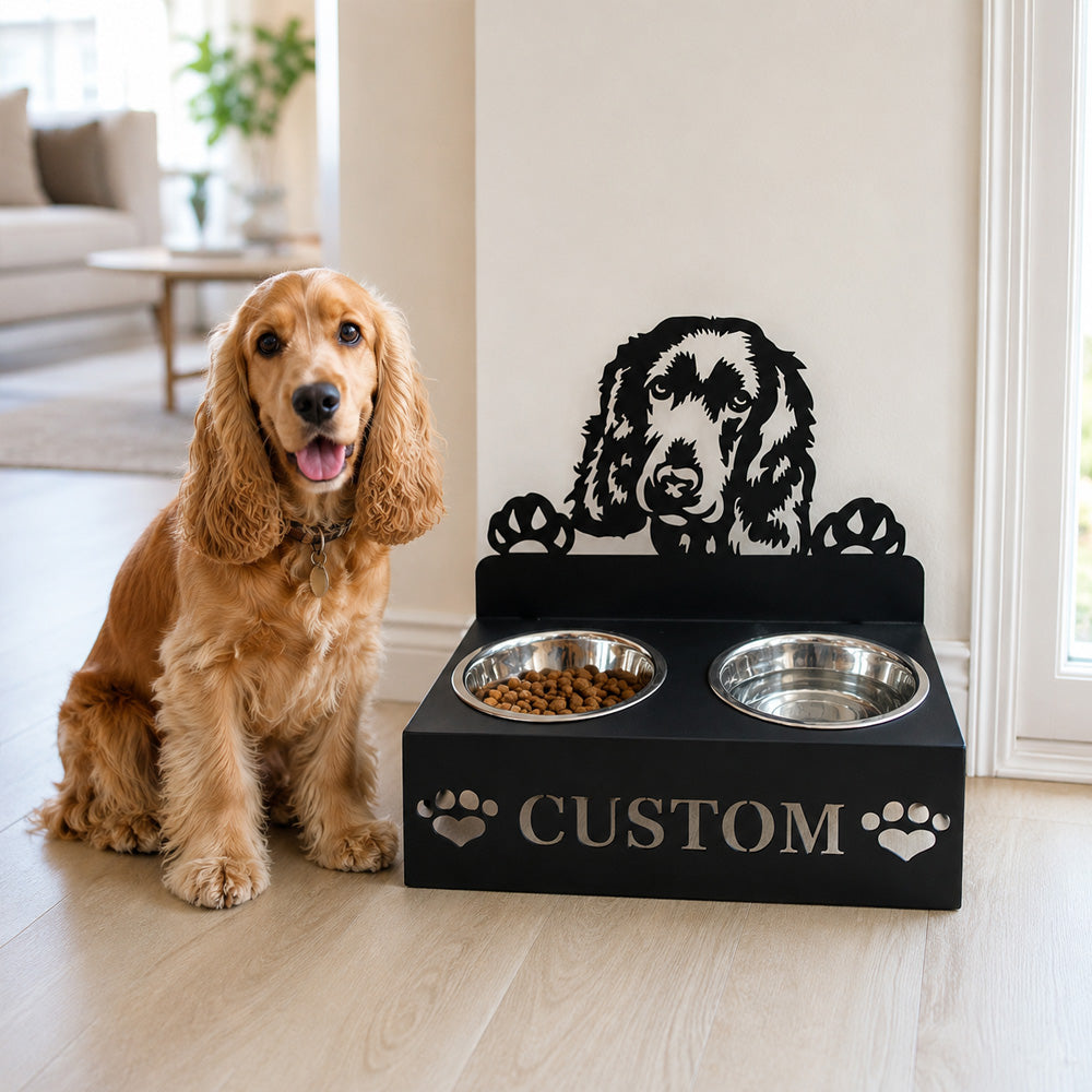 Personalized english cocker spaniel metal dog bowl stand with custom name cutout and two removable feeding bowls