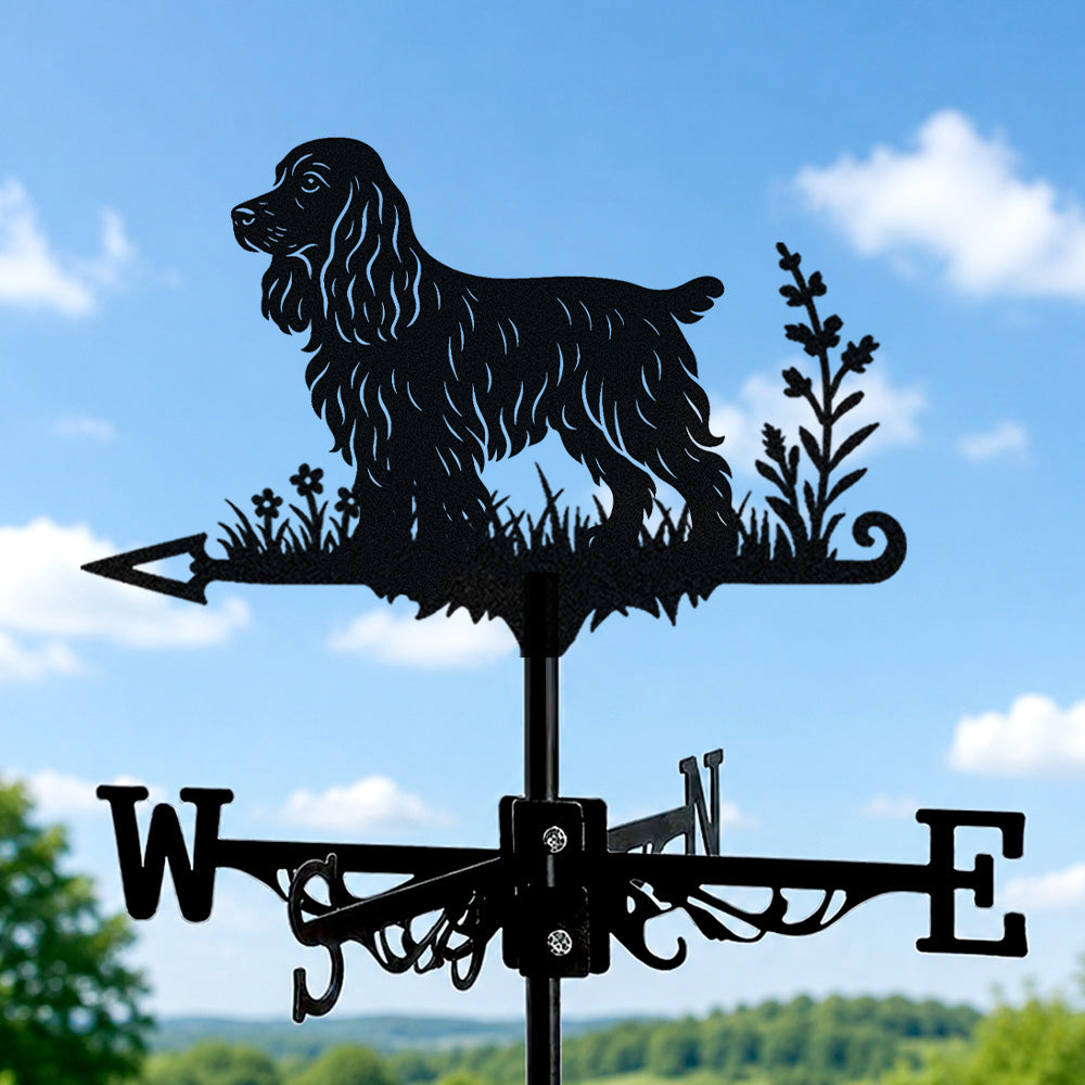 English Cocker Spaniel metal weather vane with directional arrows and mounting rod, outdoor roof and garden decoration