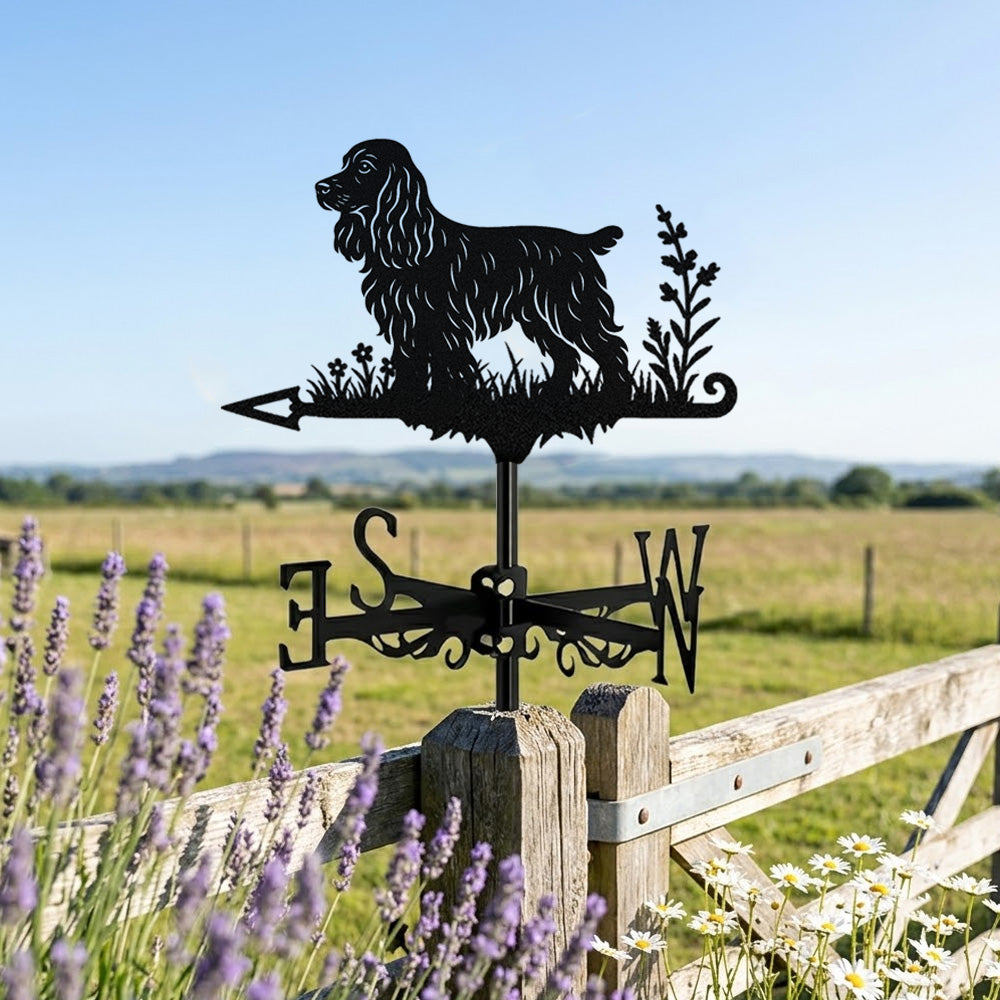 English Cocker Spaniel metal weather vane with directional arrows and mounting rod, outdoor roof and garden decoration