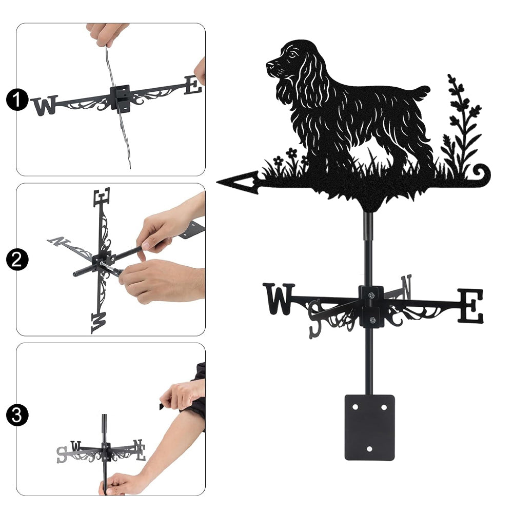 English Cocker Spaniel metal weather vane with directional arrows and mounting rod, outdoor roof and garden decoration