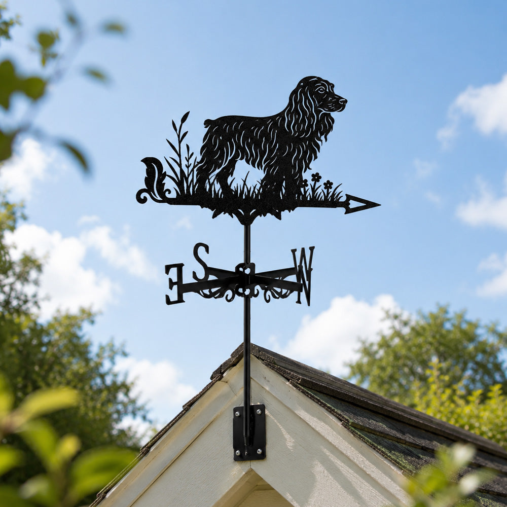 English Cocker Spaniel metal weather vane with directional arrows and mounting rod, outdoor roof and garden decoration