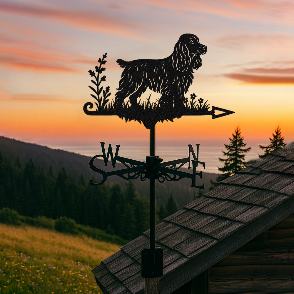 English Cocker Spaniel metal weather vane with directional arrows and mounting rod, outdoor roof and garden decoration
