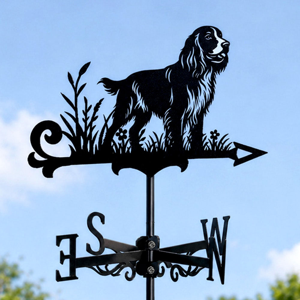 English Cocker Spaniel metal weather vane with directional arrows and mounting rod, outdoor roof and garden decoration