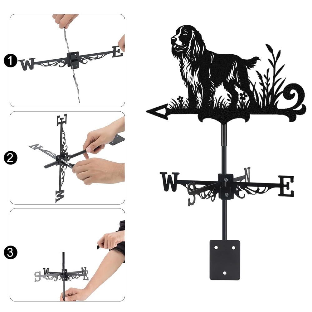 English Cocker Spaniel metal weather vane with directional arrows and mounting rod, outdoor roof and garden decoration