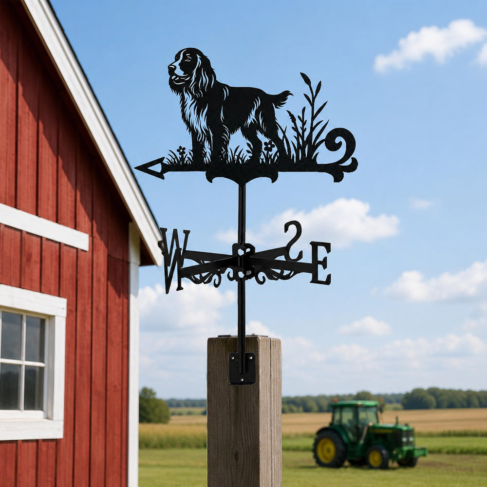 English Cocker Spaniel metal weather vane with directional arrows and mounting rod, outdoor roof and garden decoration