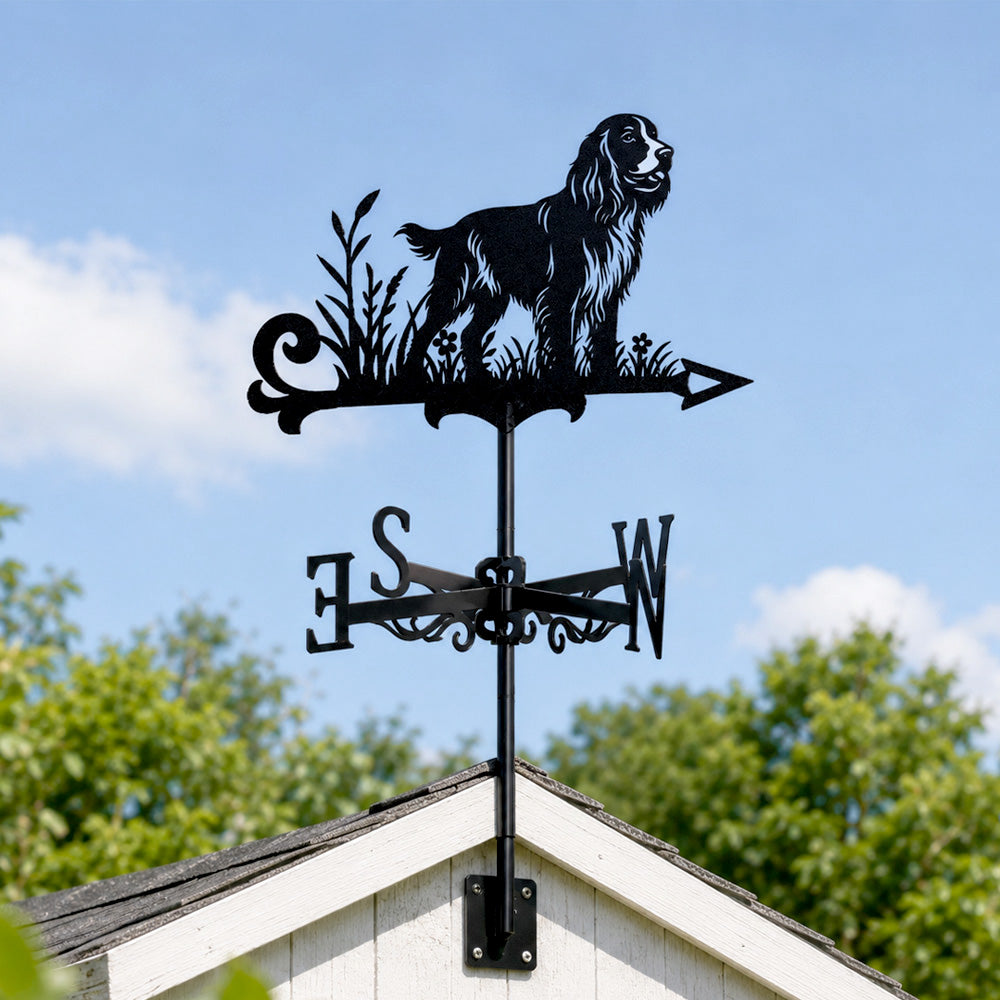 English Cocker Spaniel metal weather vane with directional arrows and mounting rod, outdoor roof and garden decoration