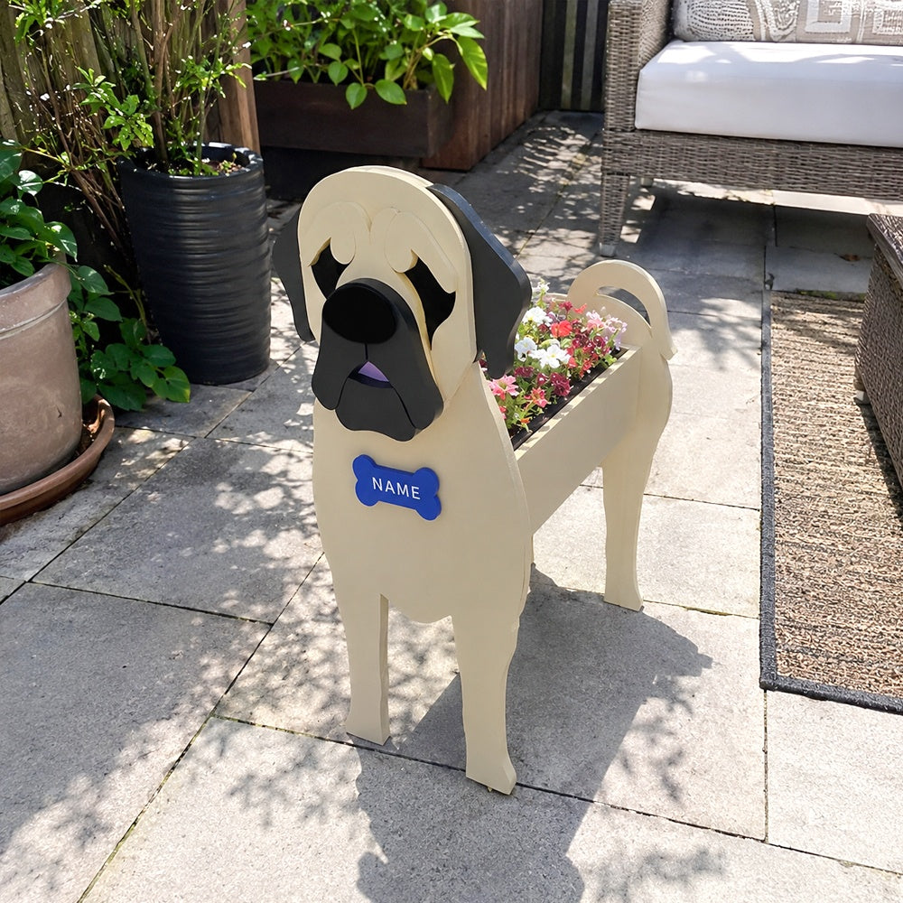 English Mastiff Planter dog planter filled with fresh flowers is placed in the garden