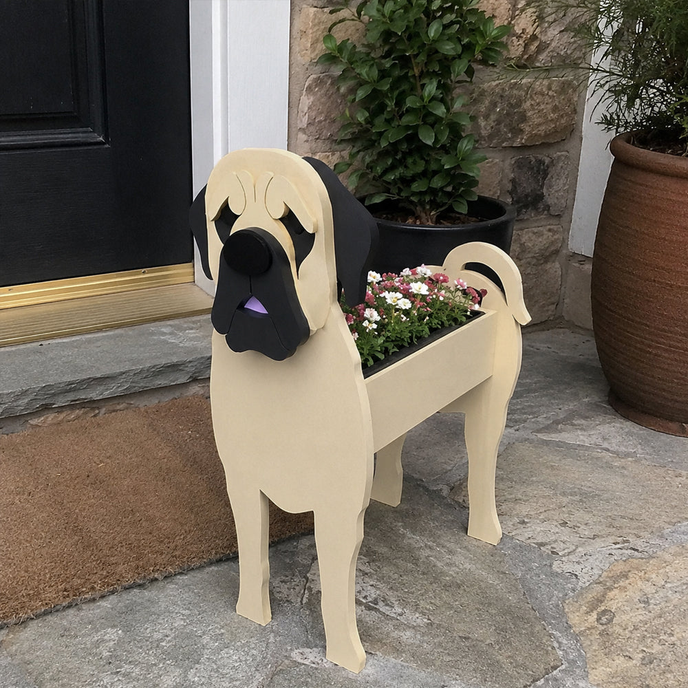 English Mastiff Planter dog planter filled with fresh flowers is placed in the garden