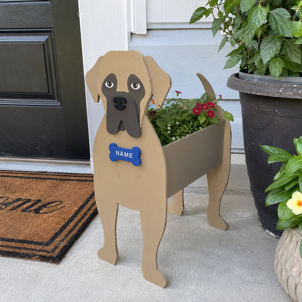 English Mastiff Planter dog planter filled with fresh flowers is placed in the garden