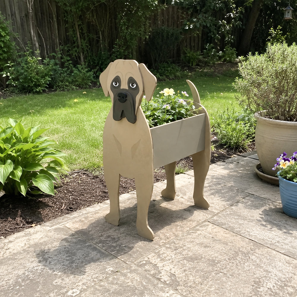 English Mastiff Planter dog planter filled with fresh flowers is placed in the garden