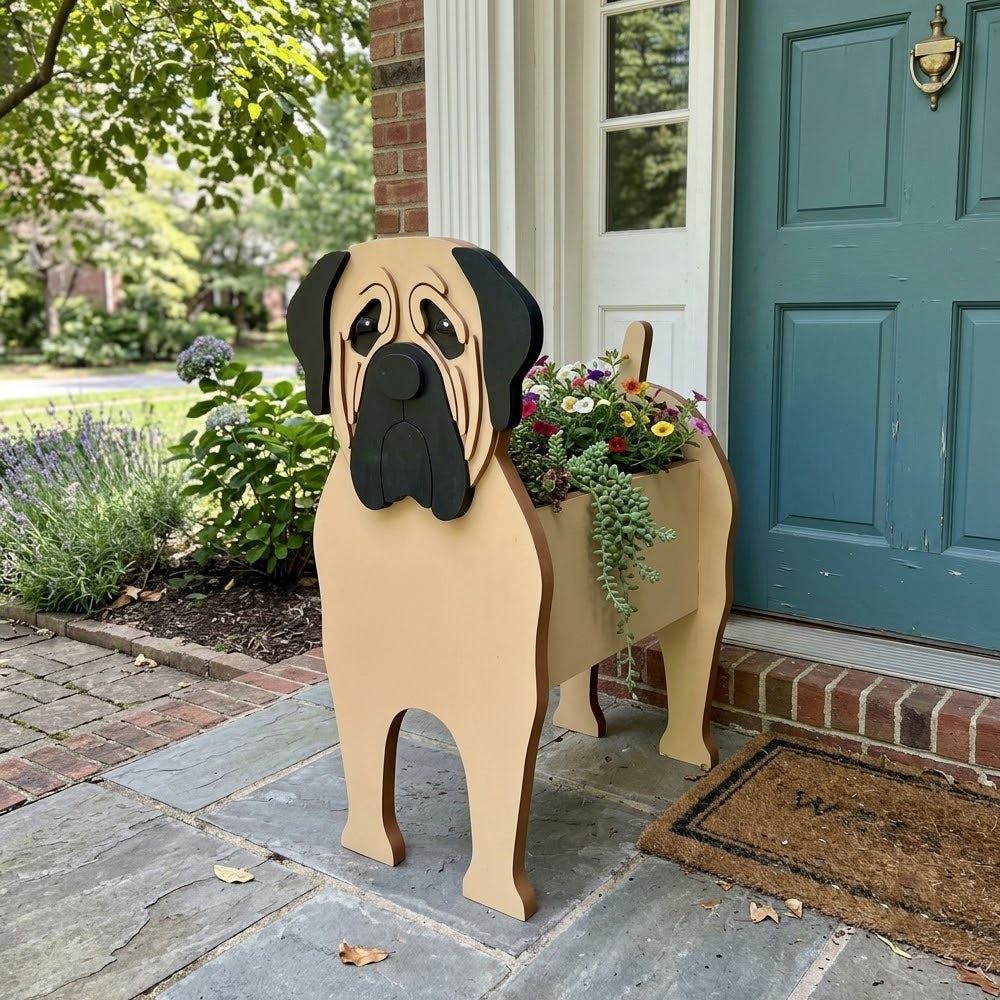 English Mastiff Planter dog planter filled with fresh flowers is placed in the garden