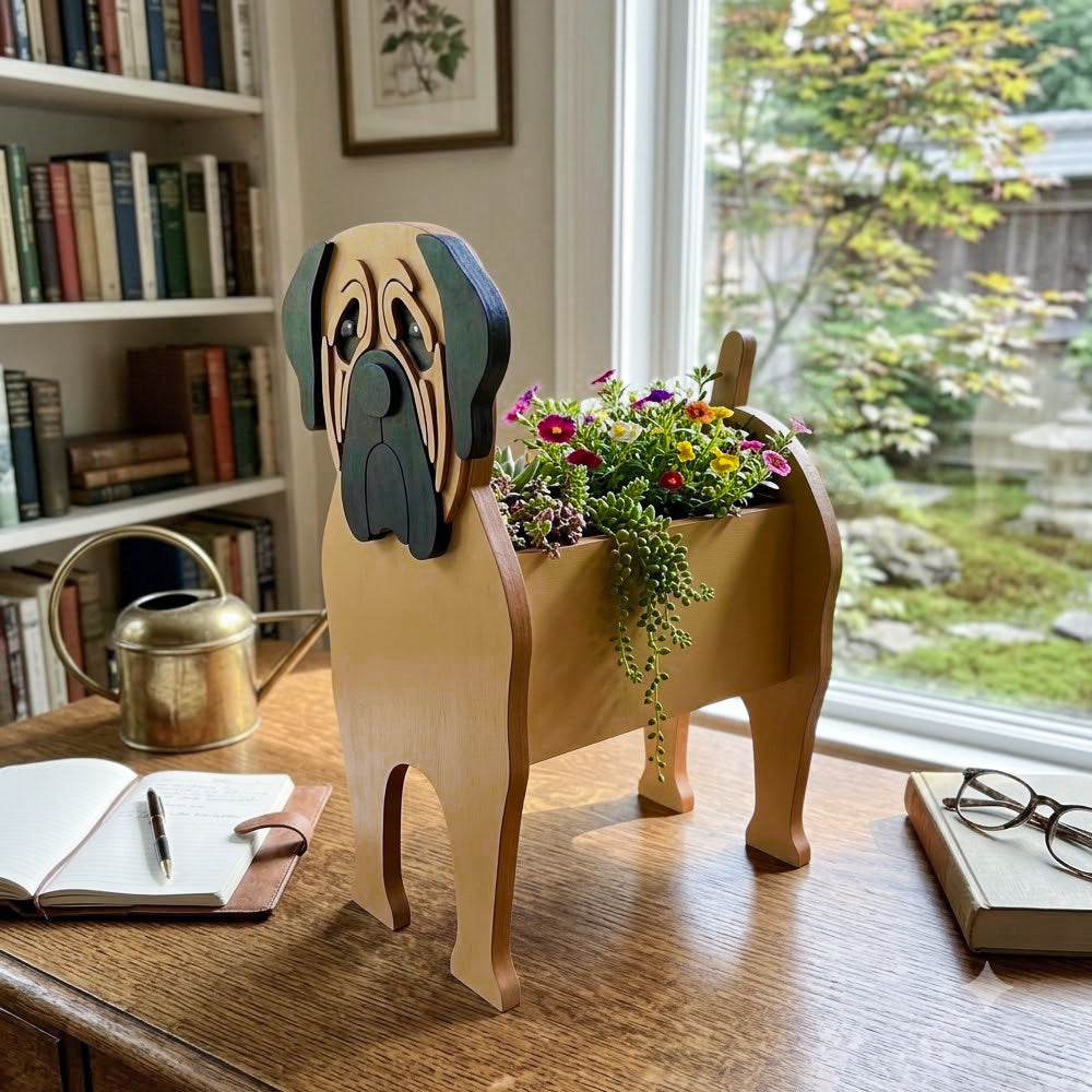 English Mastiff Planter dog planter filled with fresh flowers is placed in the garden