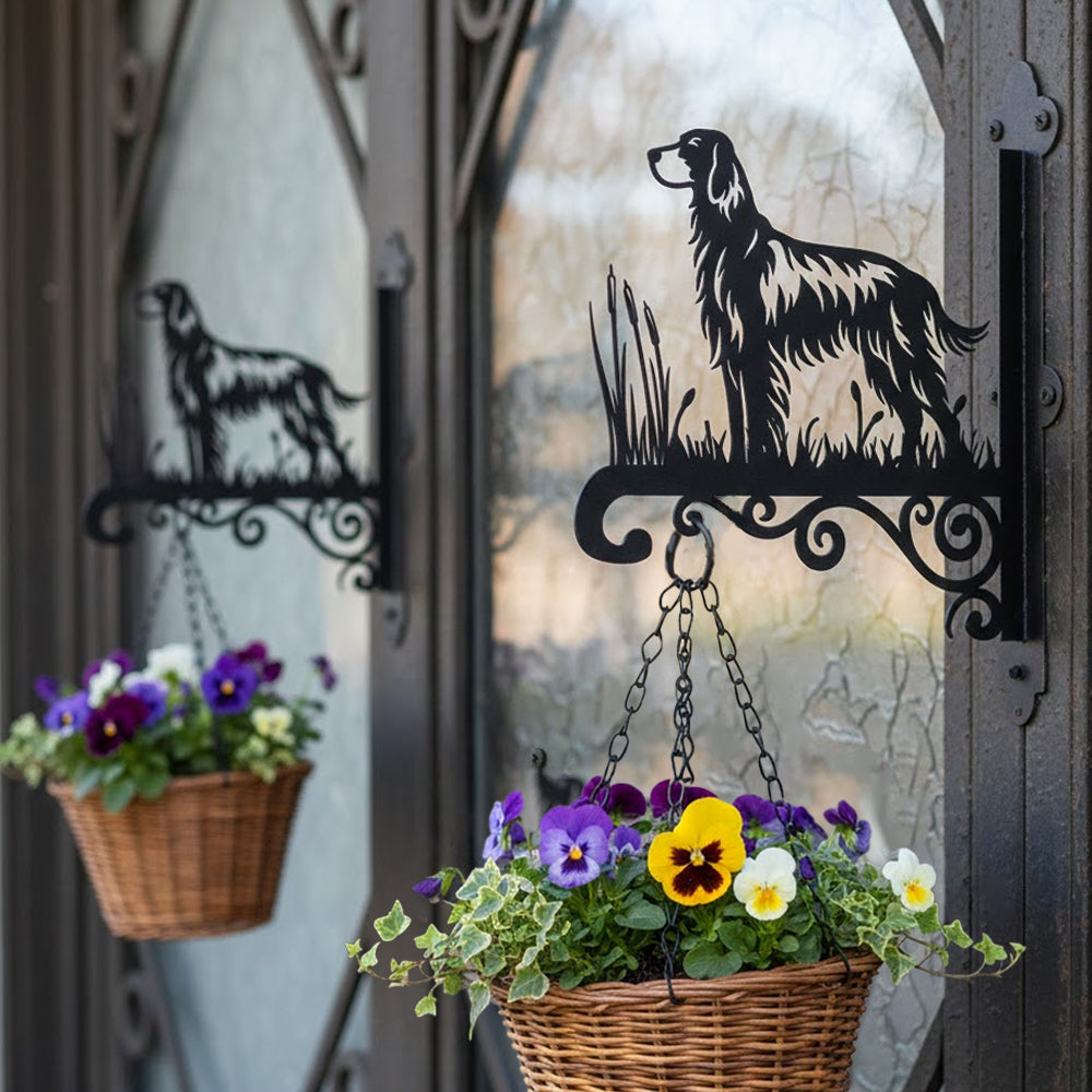 English setter metal hanging basket bracket mounted on outdoor wall for plant decoration