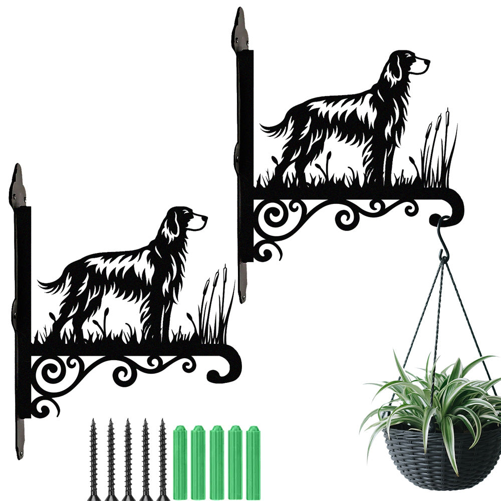 English setter metal hanging basket bracket mounted on outdoor wall for plant decoration