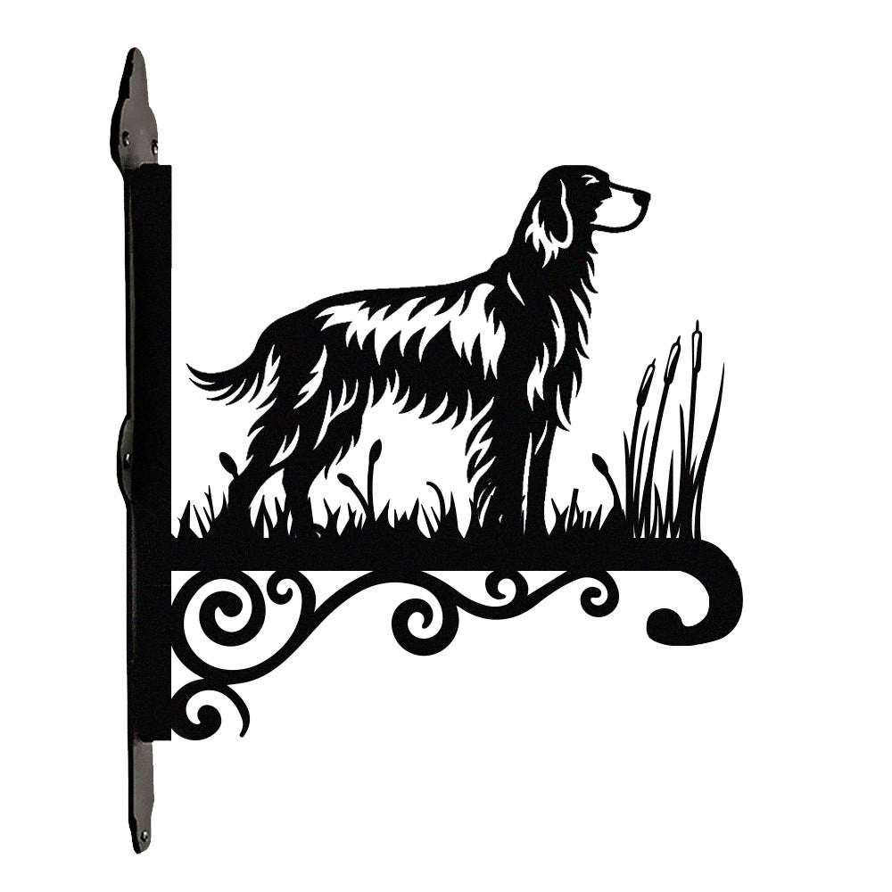 English setter metal hanging basket bracket mounted on outdoor wall for plant decoration
