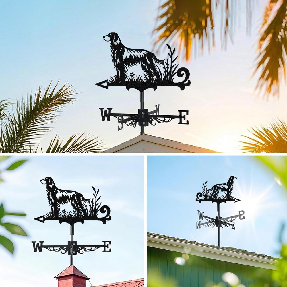 English Setter metal weather vane with directional arrows and mounting rod, outdoor roof and garden decoration
