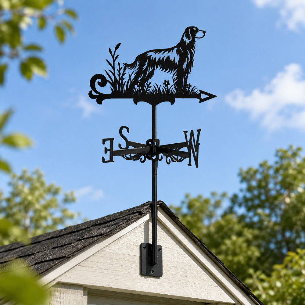 English Setter metal weather vane with directional arrows and mounting rod, outdoor roof and garden decoration