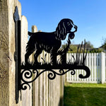 English springer spaniel metal hanging basket bracket mounted on outdoor wall for plant decoration