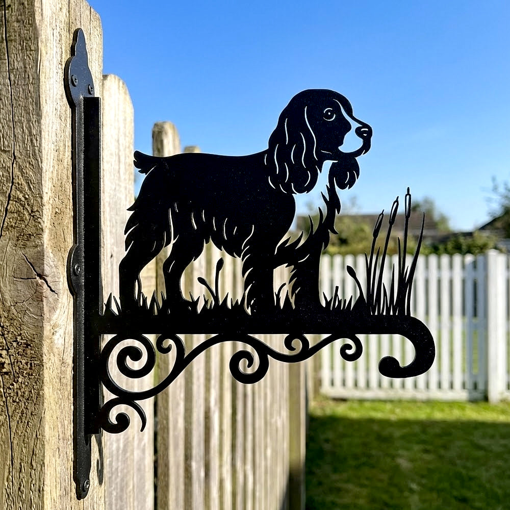 English springer spaniel metal hanging basket bracket mounted on outdoor wall for plant decoration