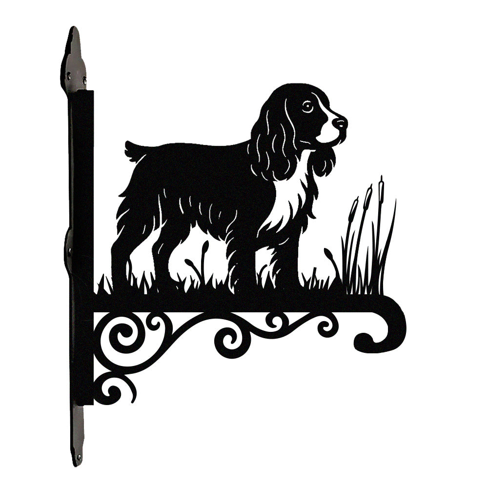 English springer spaniel metal hanging basket bracket mounted on outdoor wall for plant decoration