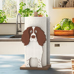 English Springer Spaniel Wooden Dog Paper Towel Holder displayed on a kitchen countertop with a freestanding paper towel roll