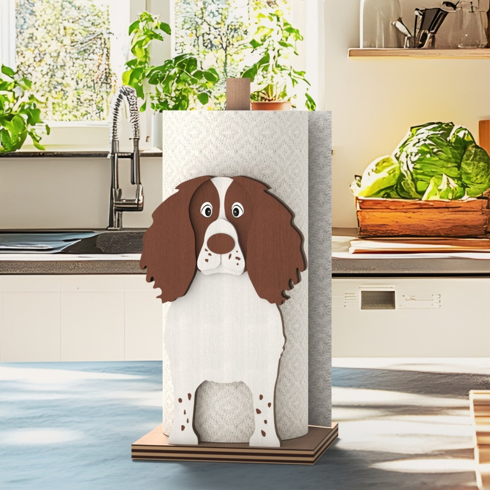 English Springer Spaniel Wooden Dog Paper Towel Holder displayed on a kitchen countertop with a freestanding paper towel roll