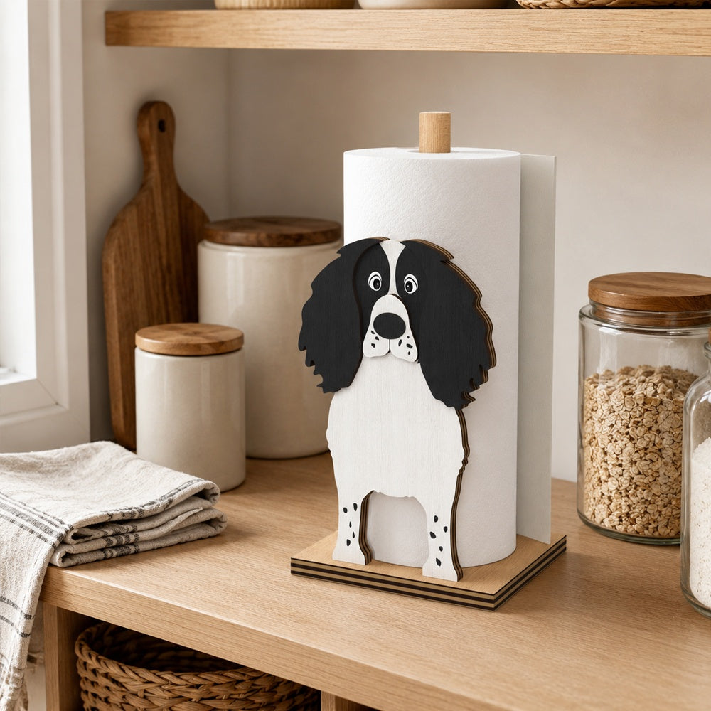 English Springer Spaniel Wooden Dog Paper Towel Holder displayed on a kitchen countertop with a freestanding paper towel roll