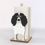 English Springer Spaniel Wooden Dog Paper Towel Holder displayed on a kitchen countertop with a freestanding paper towel roll