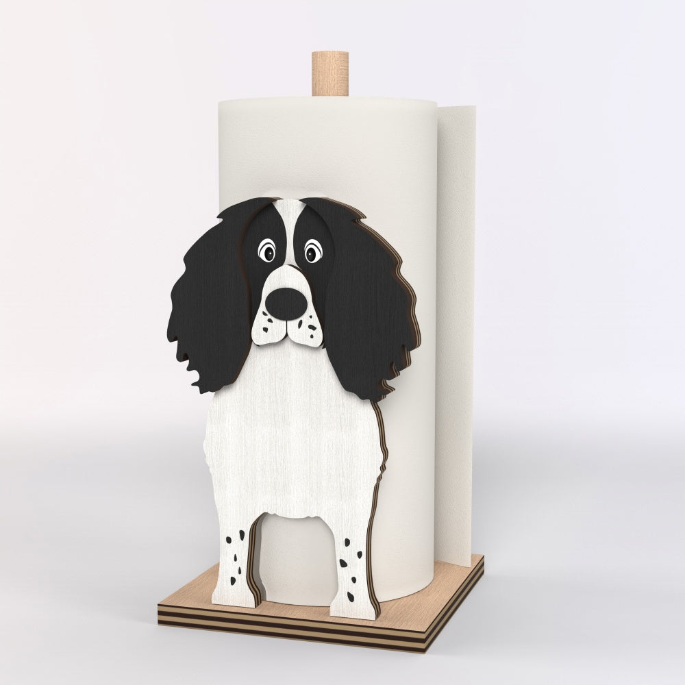 English Springer Spaniel Wooden Dog Paper Towel Holder displayed on a kitchen countertop with a freestanding paper towel roll