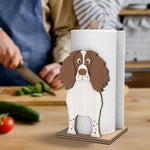 English Springer Spaniel Wooden Dog Paper Towel Holder displayed on a kitchen countertop with a freestanding paper towel roll