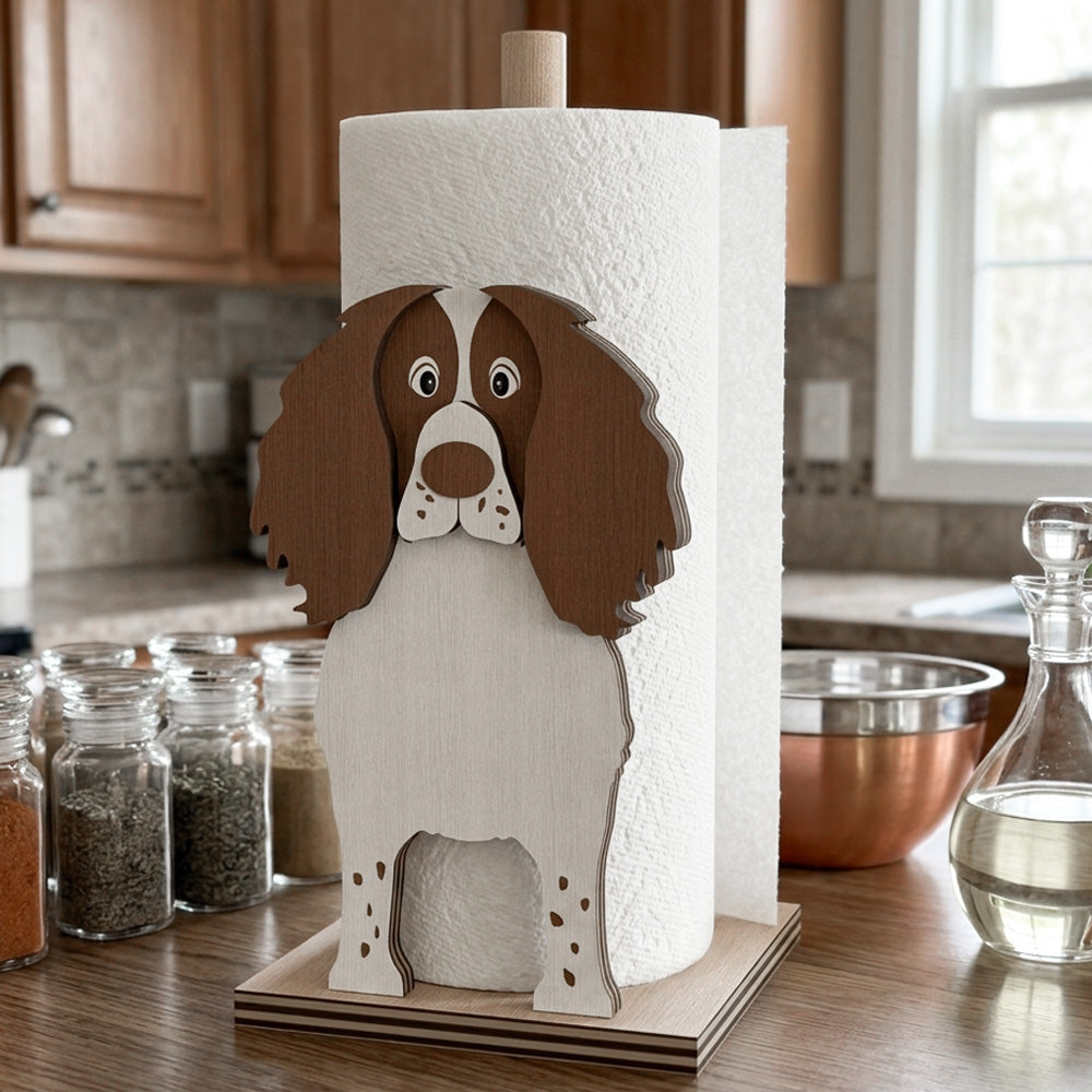 English Springer Spaniel Wooden Dog Paper Towel Holder displayed on a kitchen countertop with a freestanding paper towel roll