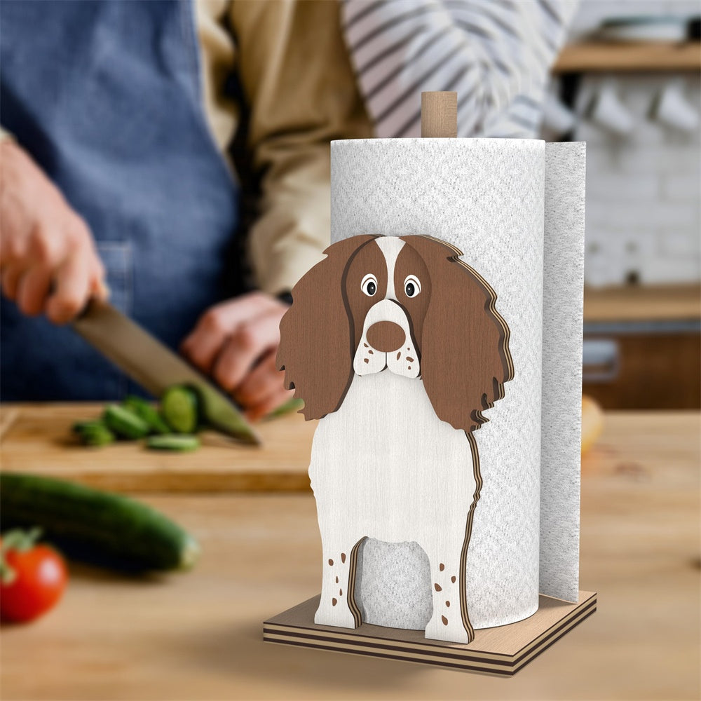 English Springer Spaniel Wooden Dog Paper Towel Holder displayed on a kitchen countertop with a freestanding paper towel roll