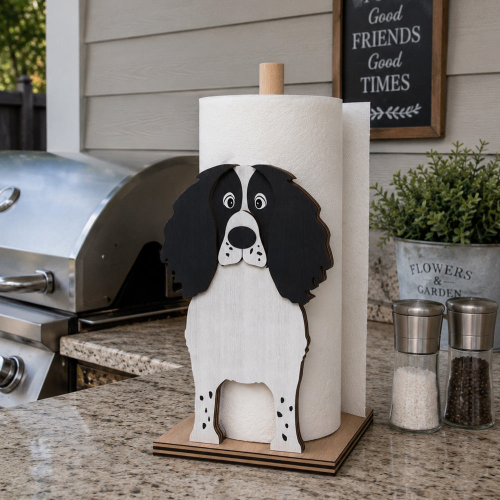 English Springer Spaniel Wooden Dog Paper Towel Holder displayed on a kitchen countertop with a freestanding paper towel roll