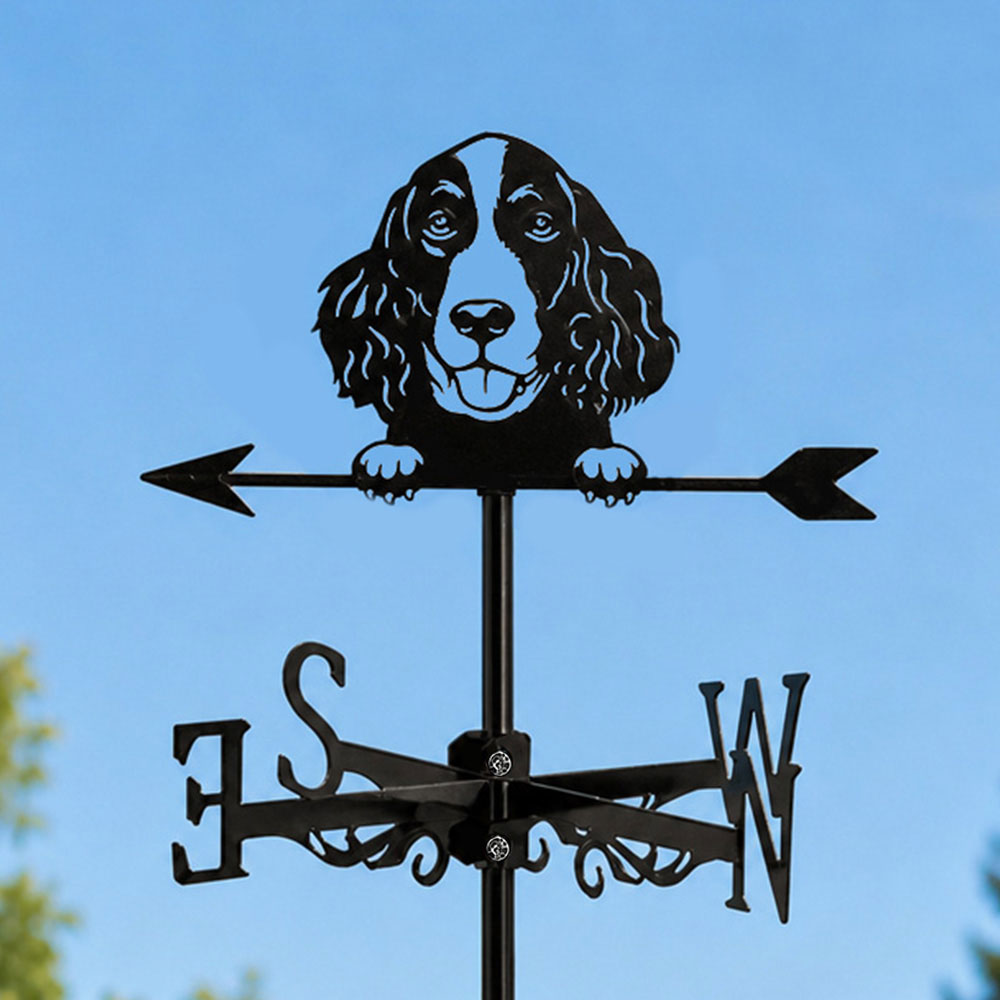 English Springer Spaniel metal weather vane with directional arrows and mounting rod, outdoor roof and garden decoration