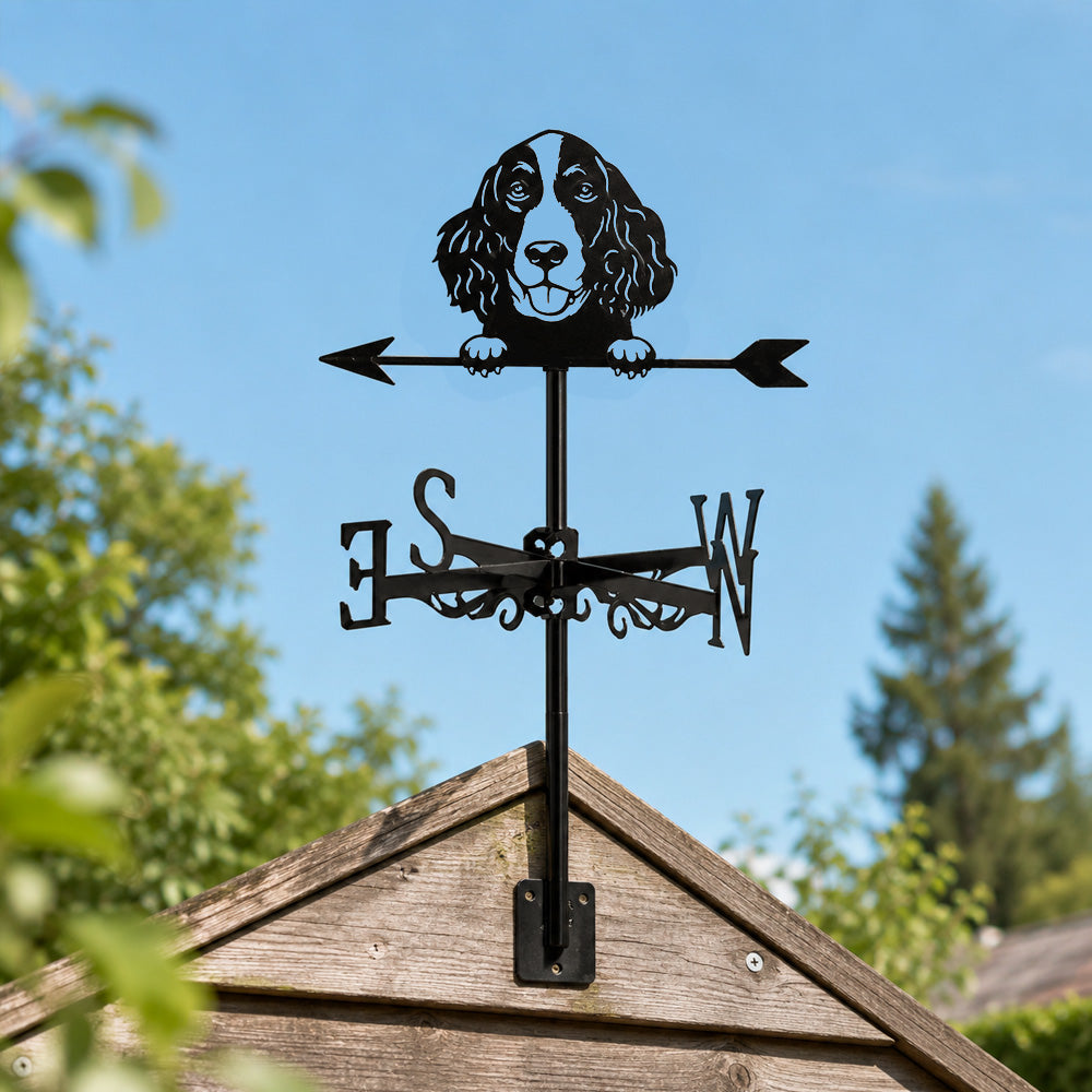 English Springer Spaniel metal weather vane with directional arrows and mounting rod, outdoor roof and garden decoration