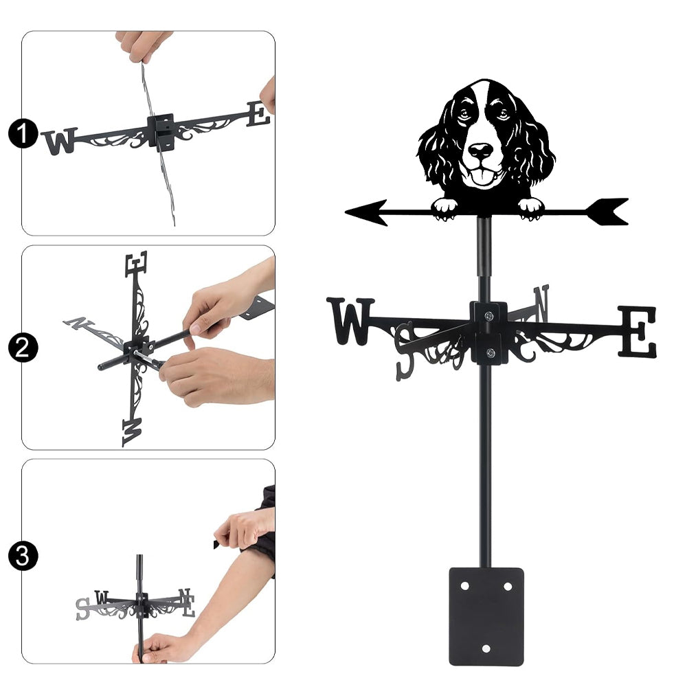 English Springer Spaniel metal weather vane with directional arrows and mounting rod, outdoor roof and garden decoration