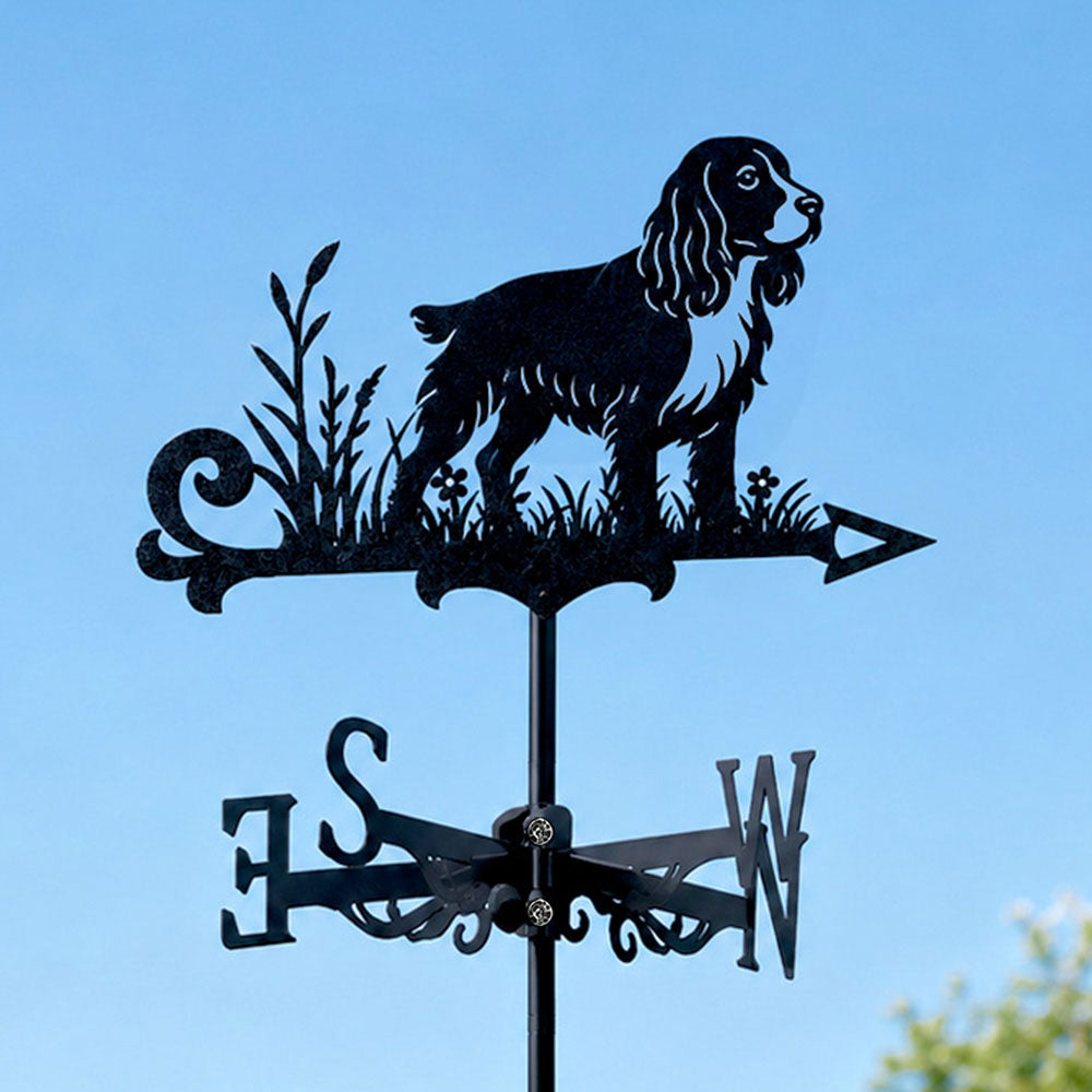 English Springer Spaniel metal weather vane with directional arrows and mounting rod, outdoor roof and garden decoration