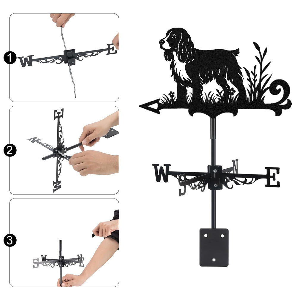 English Springer Spaniel metal weather vane with directional arrows and mounting rod, outdoor roof and garden decoration