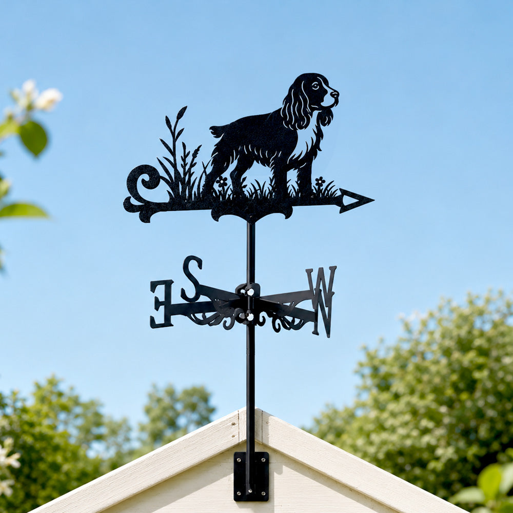 English Springer Spaniel metal weather vane with directional arrows and mounting rod, outdoor roof and garden decoration