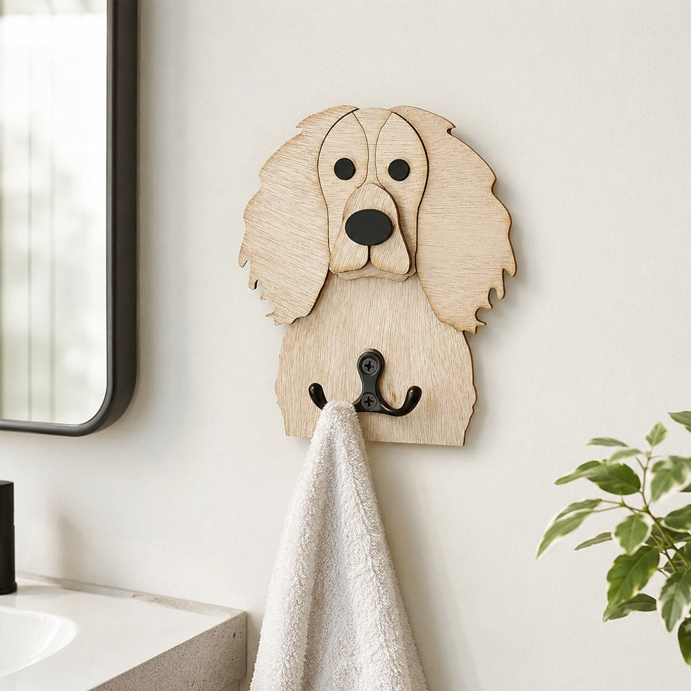 Wooden english springer spaniel dog wall hook key and leash holder for home entryway organizer