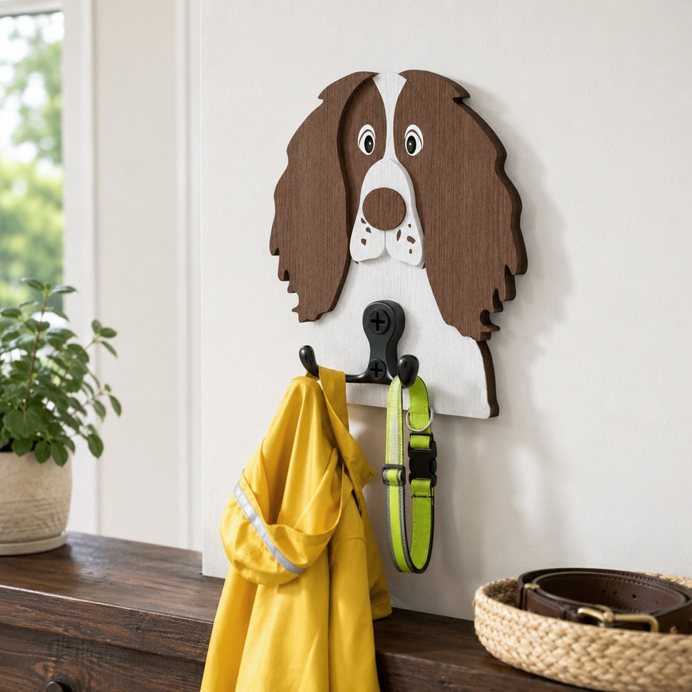 Wooden english springer spaniel dog wall hook key and leash holder for home entryway organizer