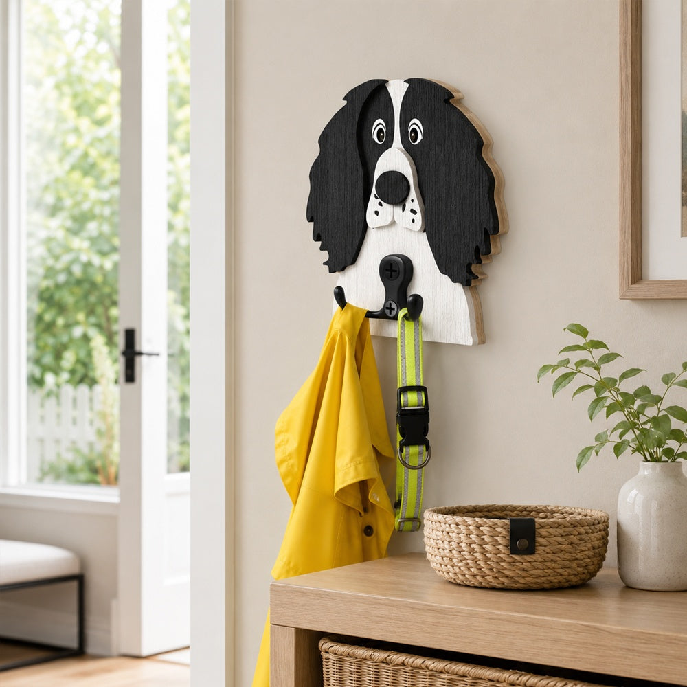 Wooden english springer spaniel dog wall hook key and leash holder for home entryway organizer